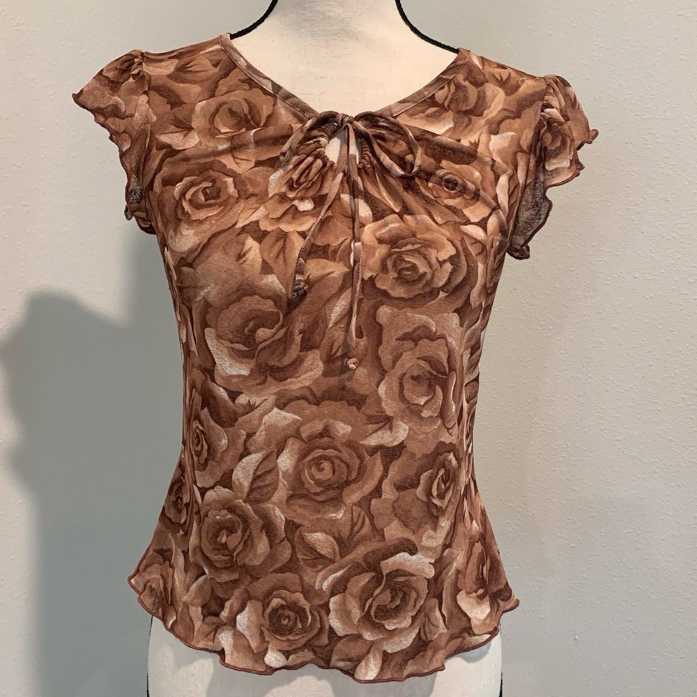 Ruffle trim rose print mesh top
